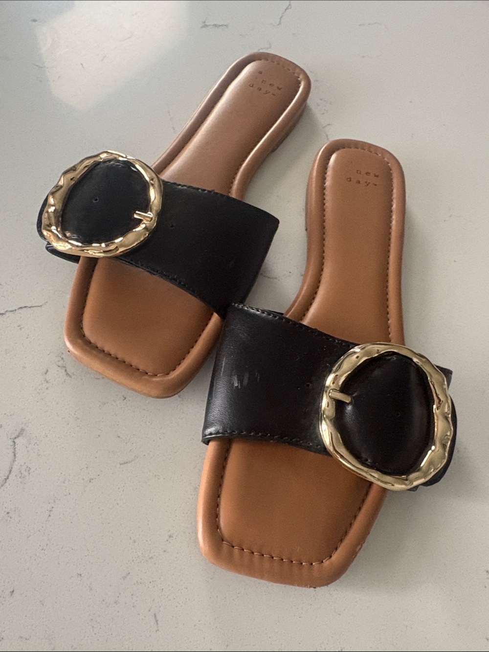 a new day Black Slide Sandals with Gold Buckle